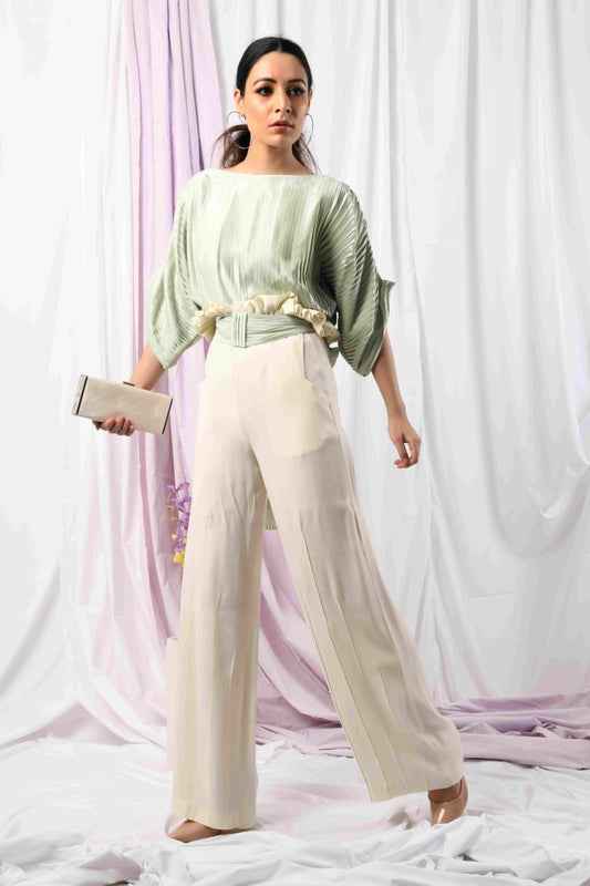 PISTACHIO PLEAT TOP & RUFFLE WAIST BOTTOM PLEAT PANTS