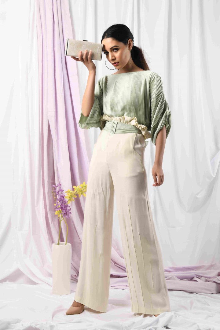 PISTACHIO PLEAT TOP & RUFFLE WAIST BOTTOM PLEAT PANTS