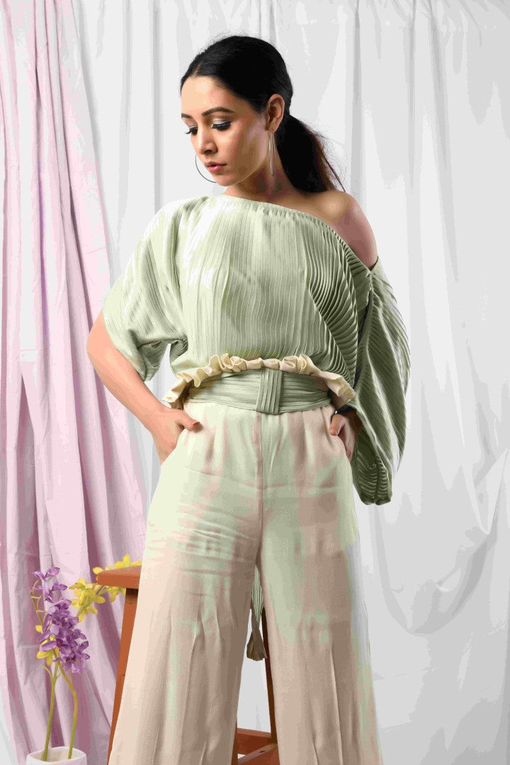 PISTACHIO PLEAT TOP & RUFFLE WAIST BOTTOM PLEAT PANTS