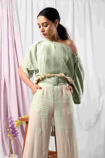 PISTACHIO PLEAT TOP & RUFFLE WAIST BOTTOM PLEAT PANTS